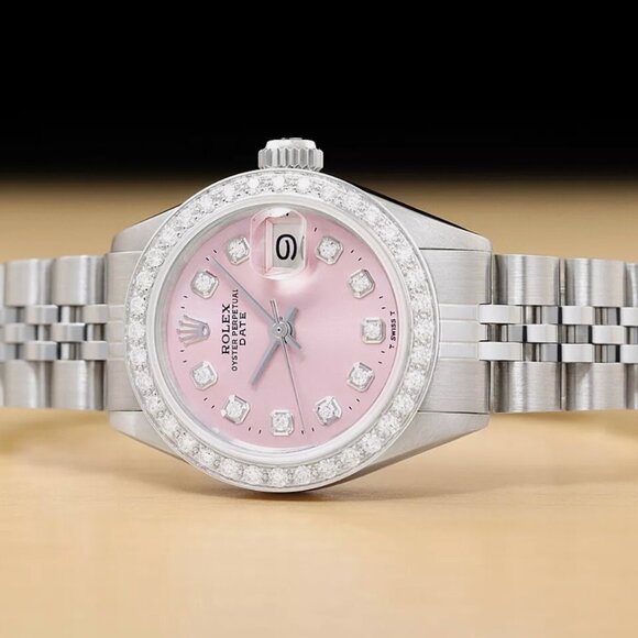 LADIES ROLEX DATE PINK DIAMOND DIAL 18K WATCH - Picture 2 of 7
